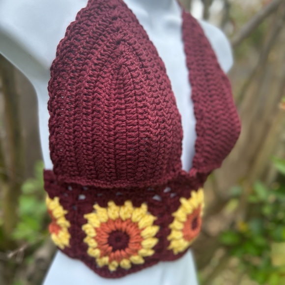 Tops - Crochet Sunflower Crop Top,Festival Top,Boho Flower Top